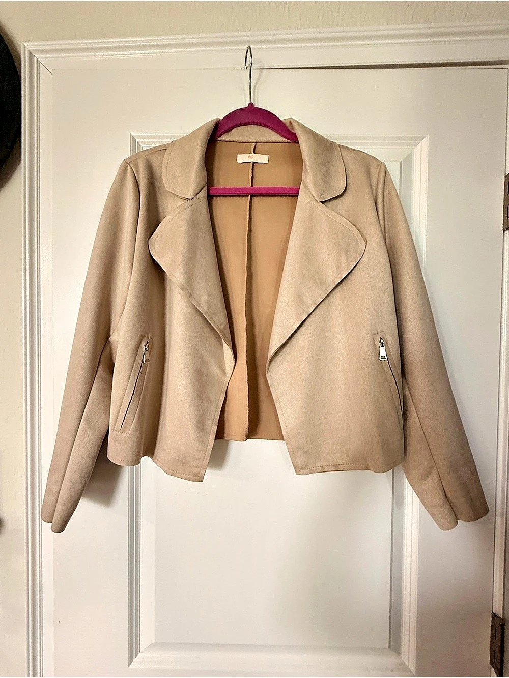 Made in Italy Beige Faux Suede Drape Moto Jacket Zip Pockets